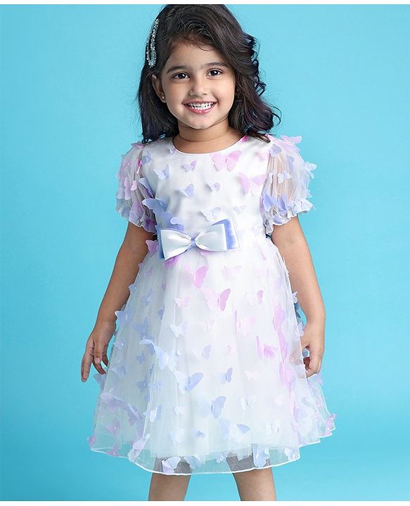 Babyhug Puffed Sleeves Fit And Flare Party Wear  Frock  With Butterfly & Bow Applique - White &  Lavender