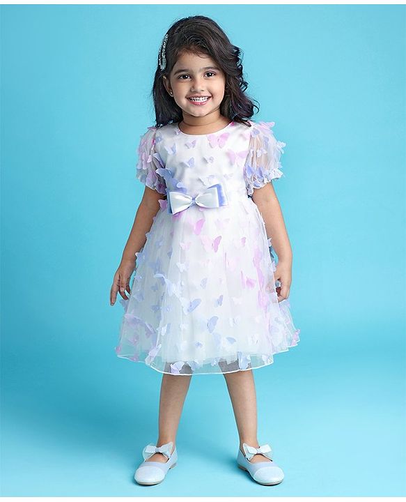 Babyhug Puffed Sleeves Fit And Flare Party Wear  Frock  With Butterfly & Bow Applique - White &  Lavender