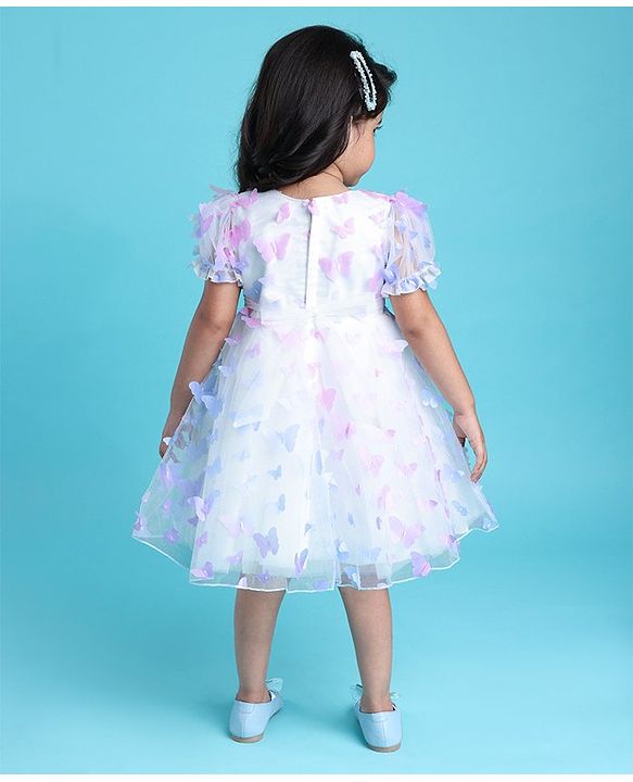 Babyhug Puffed Sleeves Fit And Flare Party Wear  Frock  With Butterfly & Bow Applique - White &  Lavender