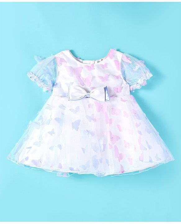 Babyhug Puffed Sleeves Fit And Flare Party Wear  Frock  With Butterfly & Bow Applique - White &  Lavender