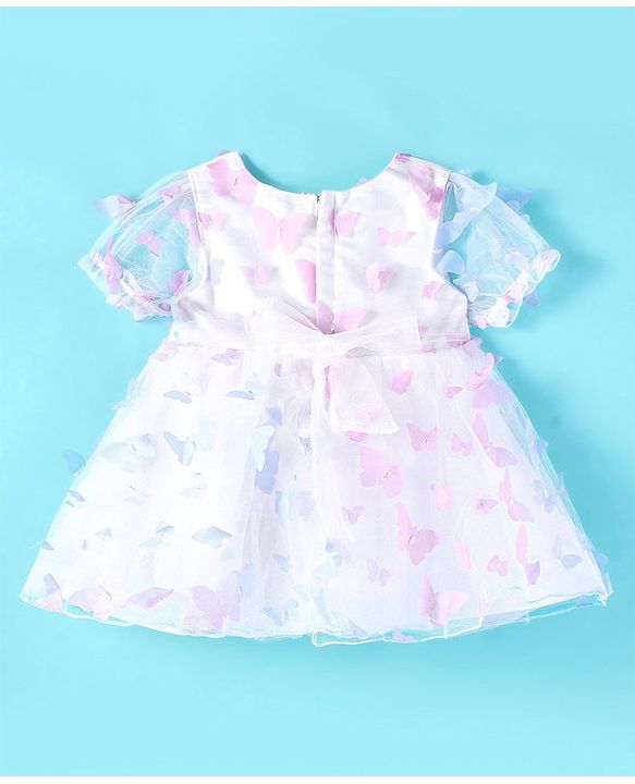 Babyhug Puffed Sleeves Fit And Flare Party Wear  Frock  With Butterfly & Bow Applique - White &  Lavender