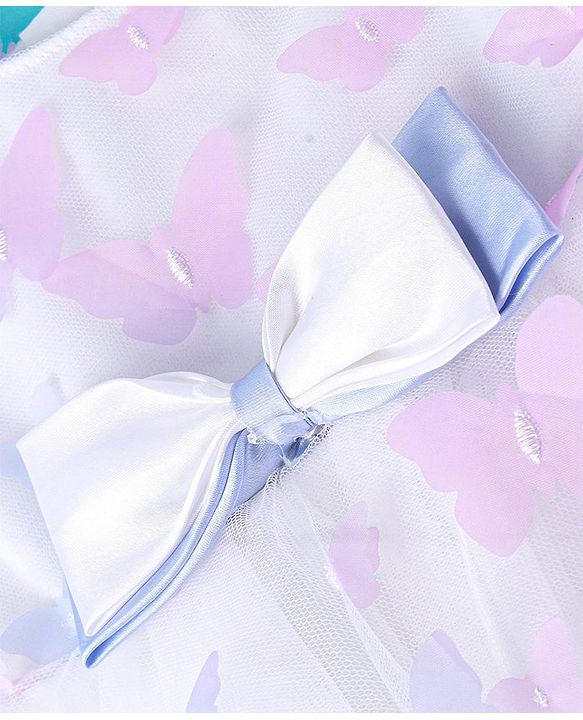 Babyhug Puffed Sleeves Fit And Flare Party Wear  Frock  With Butterfly & Bow Applique - White &  Lavender