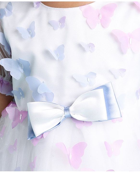 Babyhug Puffed Sleeves Fit And Flare Party Wear  Frock  With Butterfly & Bow Applique - White &  Lavender
