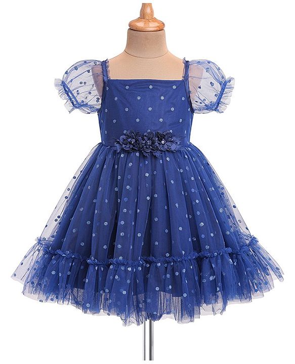 Babyhug Woven Half Puffed Sleeves Polka Dots Glitter  Printed Mesh Party Frock  with Floral Applique - Blue