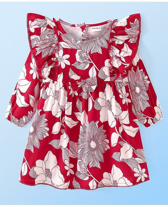 Babyhug Viscose Woven Full Sleeves Frock with Floral Print Frill Detailing & Bow Applique - Maroon
