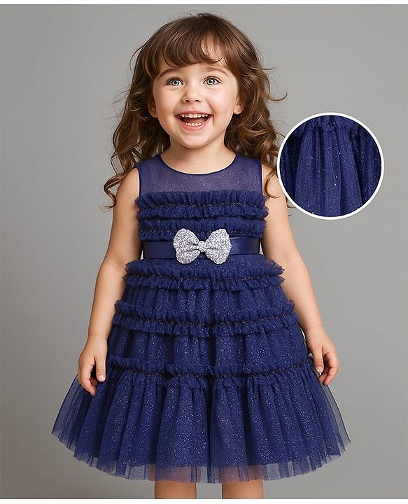 Babyhug Single Jersey Knit Sleeveless Frock With Floral Print & Frill Detailing - Blue main image 1
