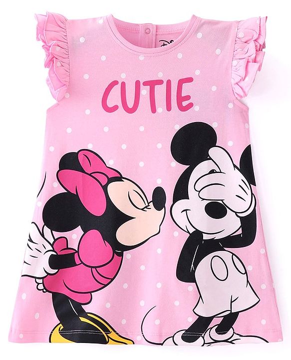 Babyhug Disney Cotton Knit Frill Full Sleeves Nighty With Minnie Mouse Graphics - Pink main image 0