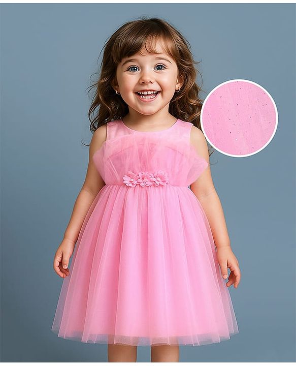 Babyhug Woven Sleeveless Mesh Shimmered Party Frock with Floral Corsage  - Pink