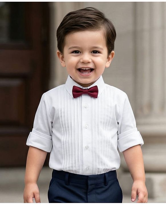 Babyhug Cotton Woven Full Sleeves Party Oxford Shirt Solid Colour With Bow - White