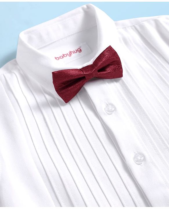 Babyhug Cotton Woven Full Sleeves Party Oxford Shirt Solid Colour With Bow - White