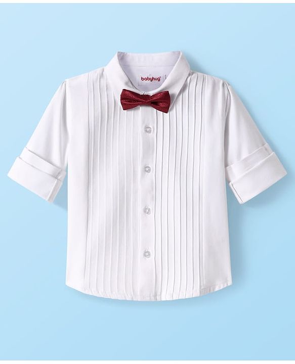 Babyhug Cotton Woven Full Sleeves Party Oxford Shirt Solid Colour With Bow - White