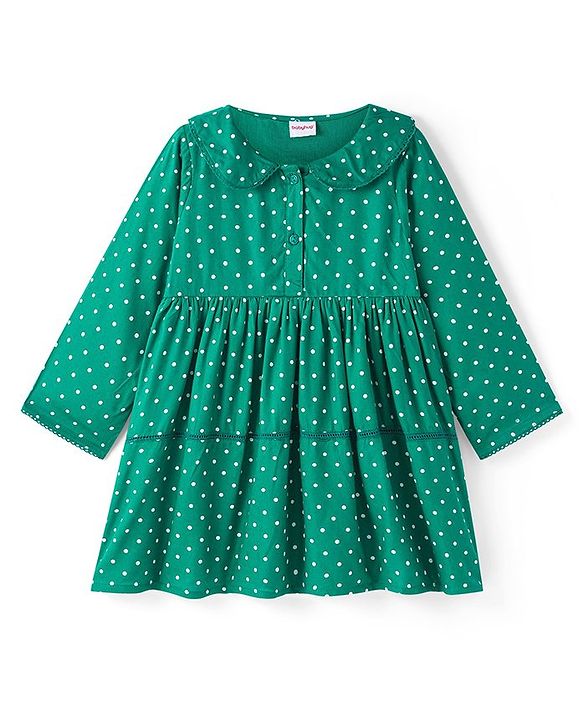 Babyhug Viscose Woven Full Sleeves Polka Dots Printed Tiered Frock with Peter Pan Collar - Teal Blue