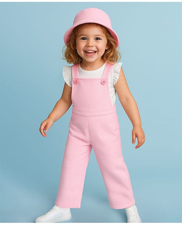 Babyhug Woven Frill Sleeves Solid Colour Top & Corduroy Dungaree with Hat - Pink & White