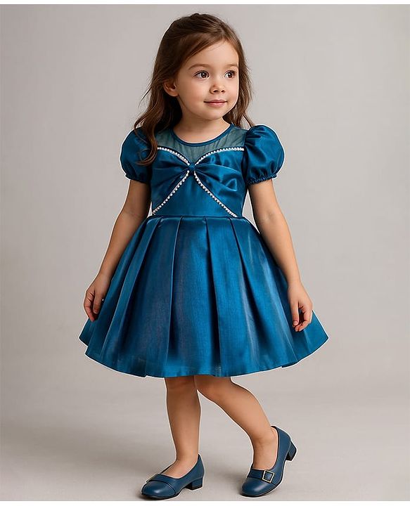 Babyhug Woven Sleeveless Party Dress With Bow Applique & Sequin Detailing - Teal blue