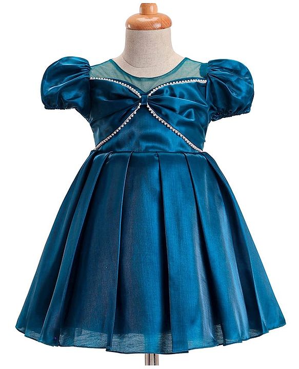 Babyhug Woven Sleeveless Party Dress With Bow Applique & Sequin Detailing - Teal blue