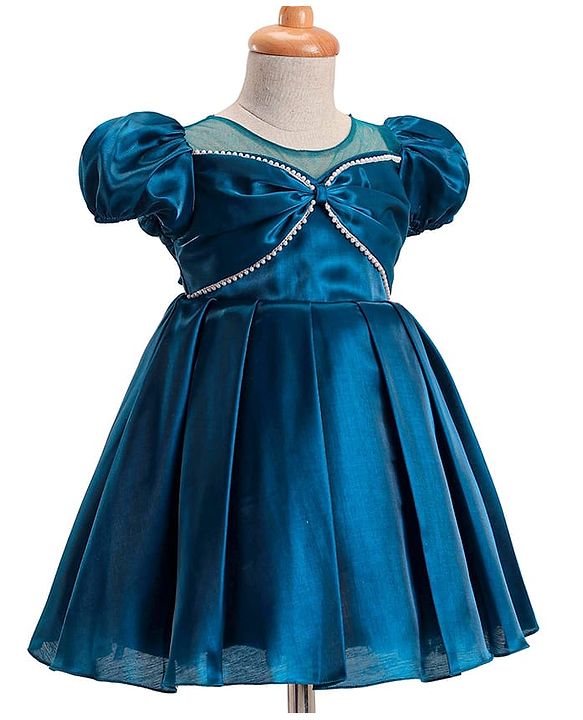 Babyhug Woven Sleeveless Party Dress With Bow Applique & Sequin Detailing - Teal blue