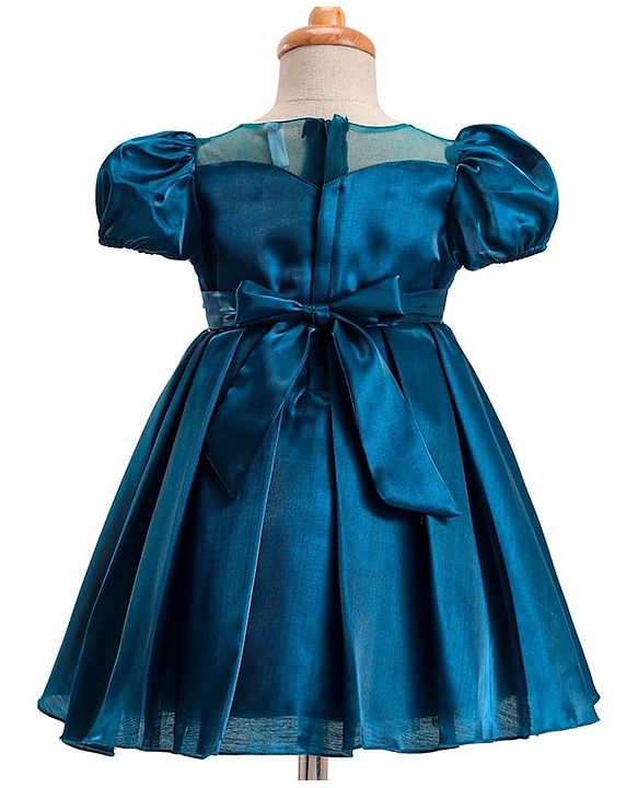 Babyhug Woven Sleeveless Party Dress With Bow Applique & Sequin Detailing - Teal blue