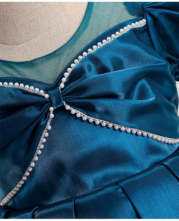 Babyhug Woven Sleeveless Party Dress With Bow Applique & Sequin Detailing - Teal blue