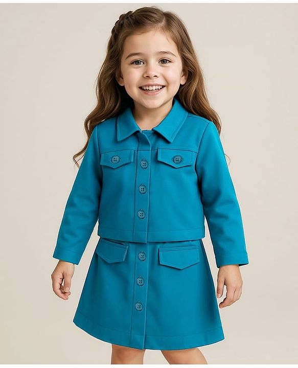 Babyhug Woven Full Sleeves Solid Colour Party Collared Top & Skirt Set with Pockets - Teal Blue