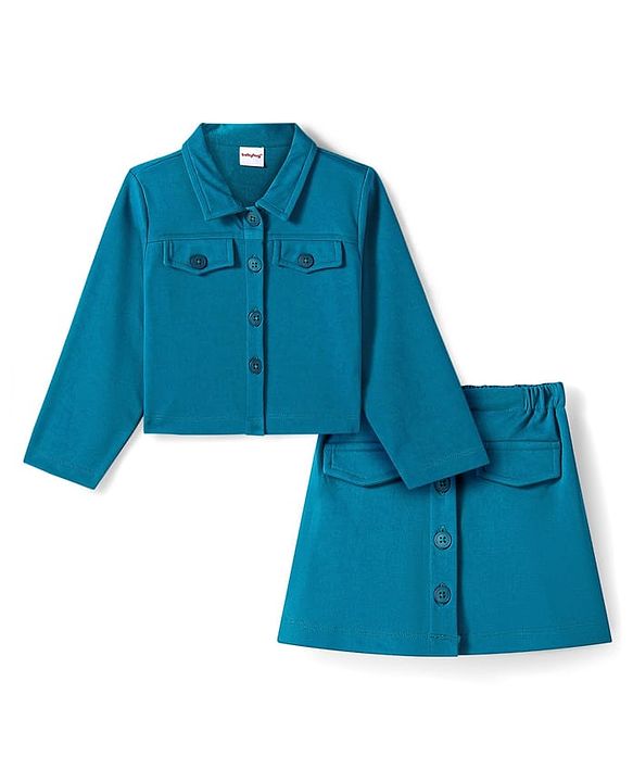 Babyhug Woven Full Sleeves Solid Colour Party Collared Top & Skirt Set with Pockets - Teal Blue