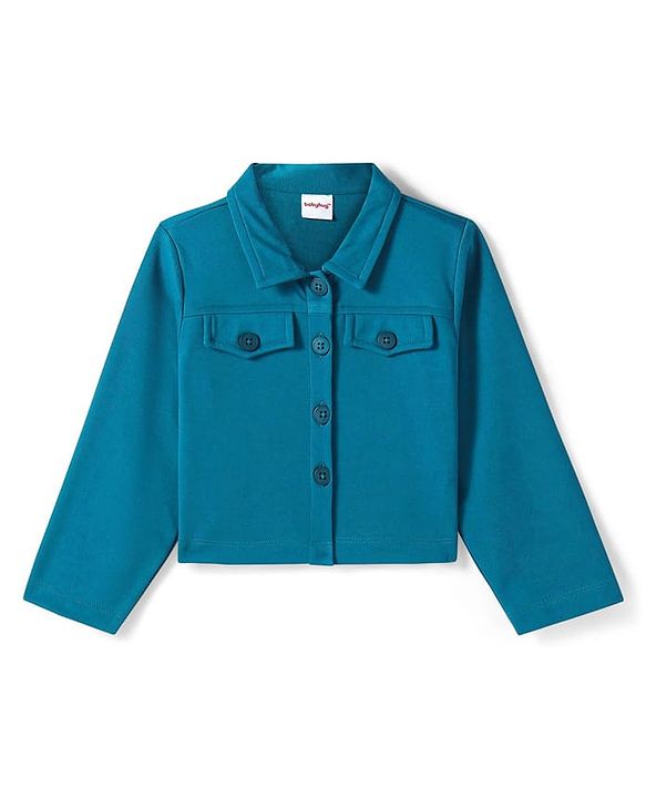 Babyhug Woven Full Sleeves Solid Colour Party Collared Top & Skirt Set with Pockets - Teal Blue