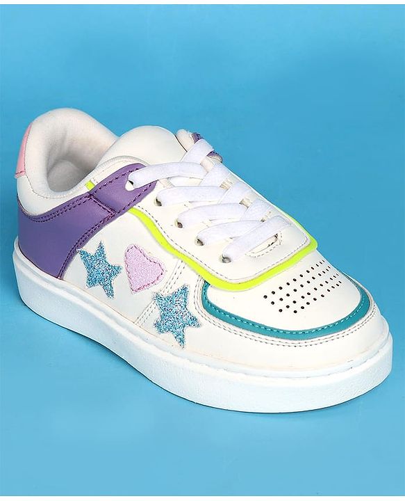 Pine Kids Laced Up  Closure Casual Shoes with Star & Heart Patch - White & Purple