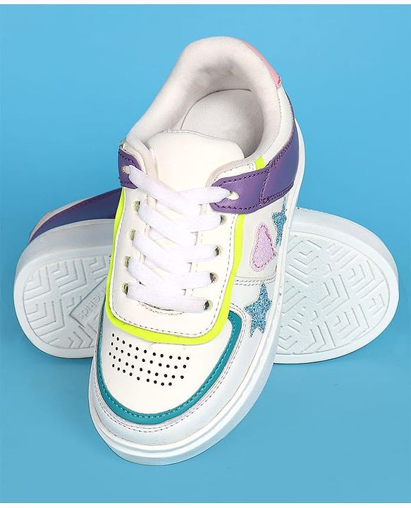 Pine Kids Laced Up  Closure Casual Shoes with Star & Heart Patch - White & Purple