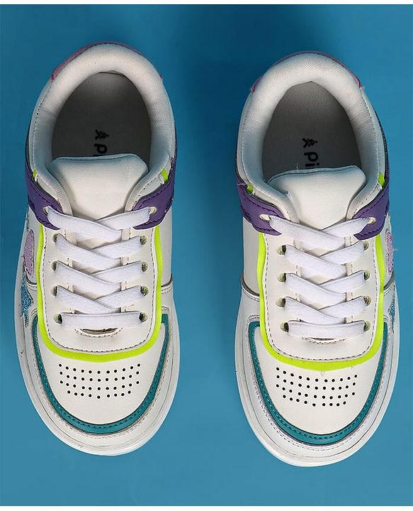 Pine Kids Laced Up  Closure Casual Shoes with Star & Heart Patch - White & Purple