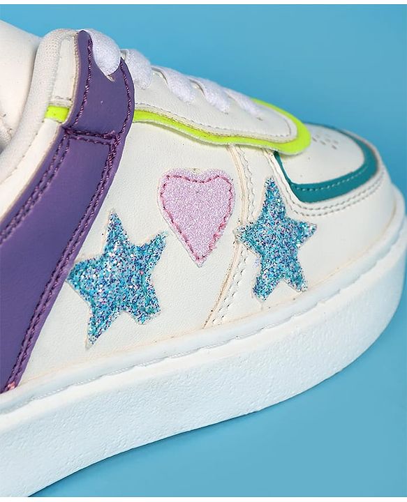 Pine Kids Laced Up  Closure Casual Shoes with Star & Heart Patch - White & Purple