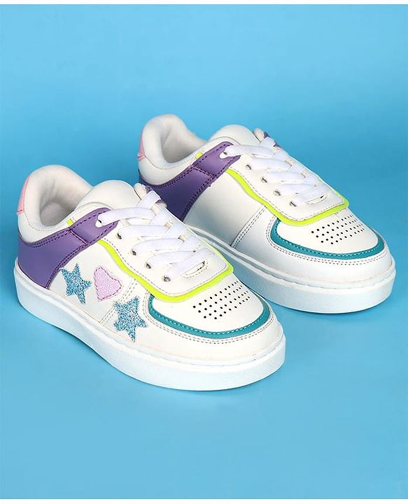 Pine Kids Laced Up  Closure Casual Shoes with Star & Heart Patch - White & Purple