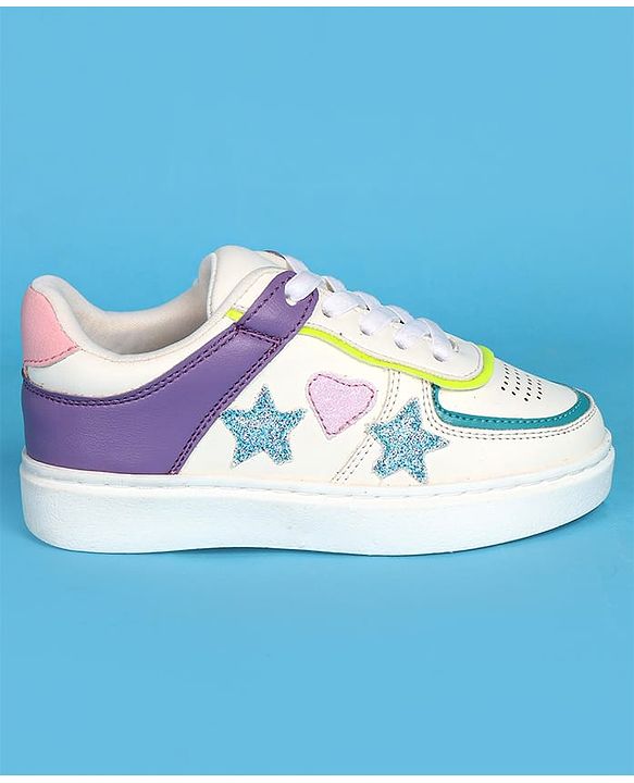 Pine Kids Laced Up  Closure Casual Shoes with Star & Heart Patch - White & Purple