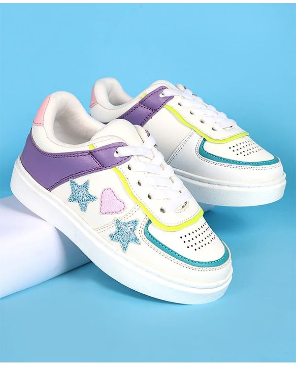 Pine Kids Laced Up  Closure Casual Shoes with Star & Heart Patch - White & Purple