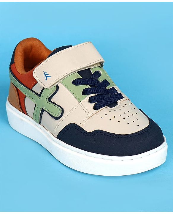 Pine Kids Velcro Closer Casual Shoes with Tape Design - White & Navy Blue
