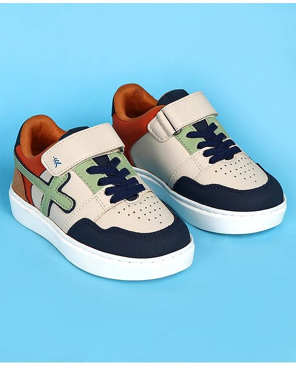 Pine Kids Velcro Closer Casual Shoes with Tape Design - White & Navy Blue