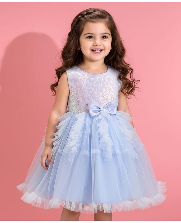 Babyhug Woven Sleeveless Sequined Fit & Flared  Party Frock with Bow Applique & Frill Detailing - Sky Blue