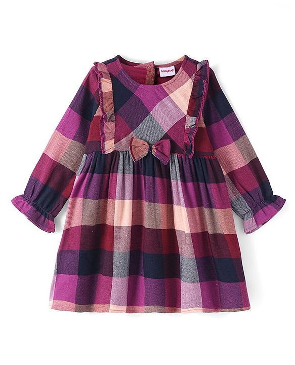 Babyhug Cotton Woven Full Sleeves Checkered Frock With Frill & Bow Detailing - Wine