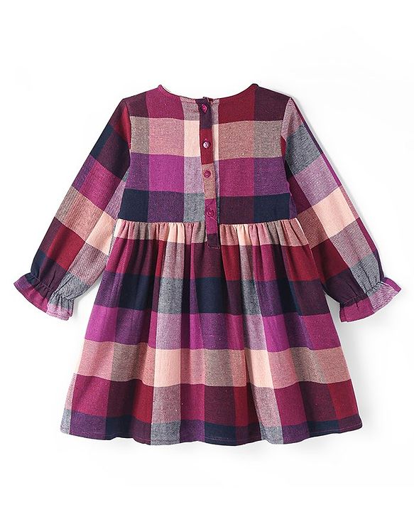 Babyhug Cotton Woven Full Sleeves Checkered Frock With Frill & Bow Detailing - Wine