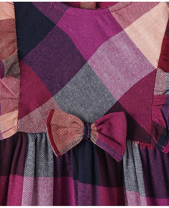 Babyhug Cotton Woven Full Sleeves Checkered Frock With Frill & Bow Detailing - Wine