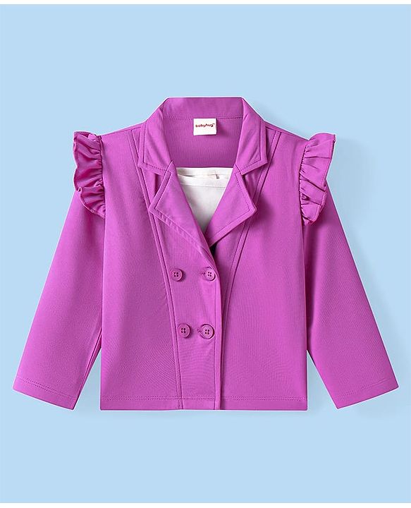 Babyhug Knit Full Sleeves Solid Colour Frill Detailed Blazer with Top & Trouser Set - Purple