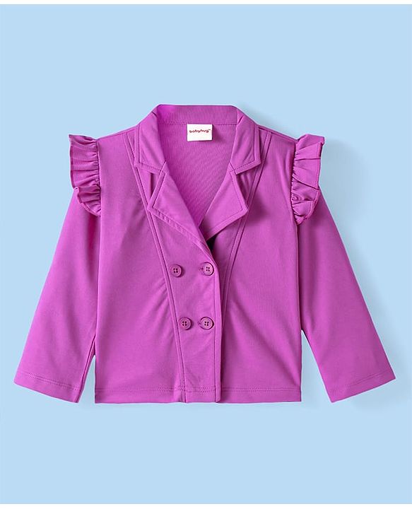 Babyhug Knit Full Sleeves Solid Colour Frill Detailed Blazer with Top & Trouser Set - Purple