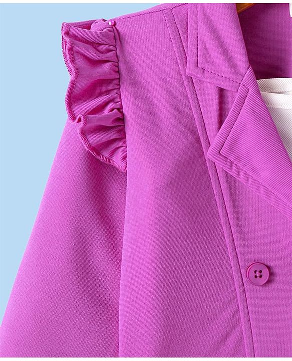 Babyhug Knit Full Sleeves Solid Colour Frill Detailed Blazer with Top & Trouser Set - Purple