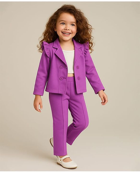 Babyhug Knit Full Sleeves Solid Colour Frill Detailed Blazer with Top & Trouser Set - Purple