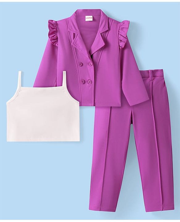Babyhug Knit Full Sleeves Solid Colour Frill Detailed Blazer with Top & Trouser Set - Purple