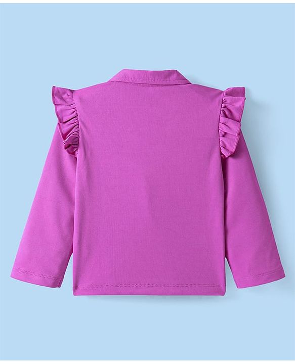 Babyhug Knit Full Sleeves Solid Colour Frill Detailed Blazer with Top & Trouser Set - Purple