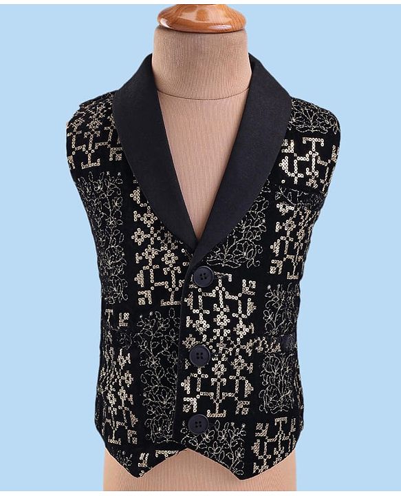 Babyhug Woven Full Sleeves Embroidered 3 Piece Party Suit With Bow - Black