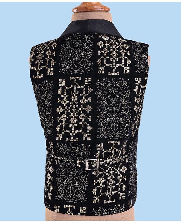 Babyhug Woven Full Sleeves Embroidered 3 Piece Party Suit With Bow - Black