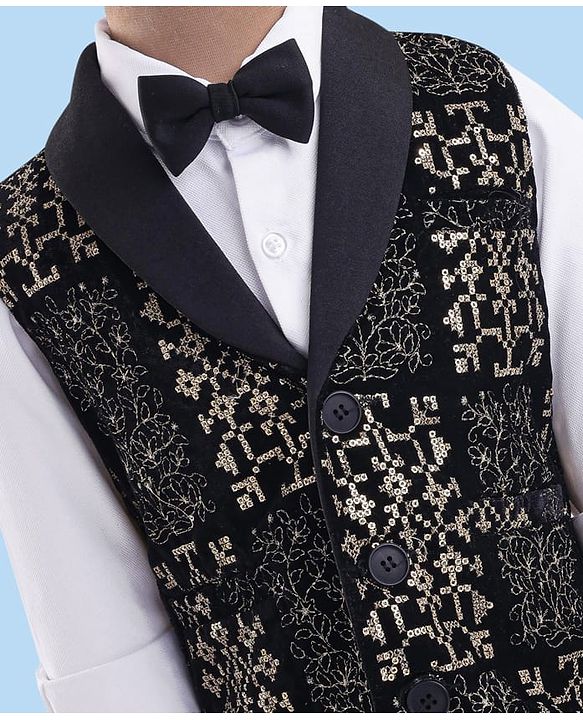 Babyhug Woven Full Sleeves Embroidered 3 Piece Party Suit With Bow - Black