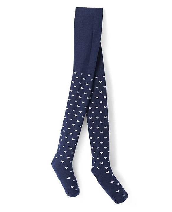 Pine Kids Knit Footed Tights with Hearts Design - Navy Blue