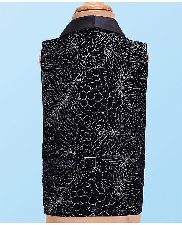 Babyhug Woven Full Sleeves Floral Embroidered Textured 3 Piece Party Suit with Bow - Navy Blue