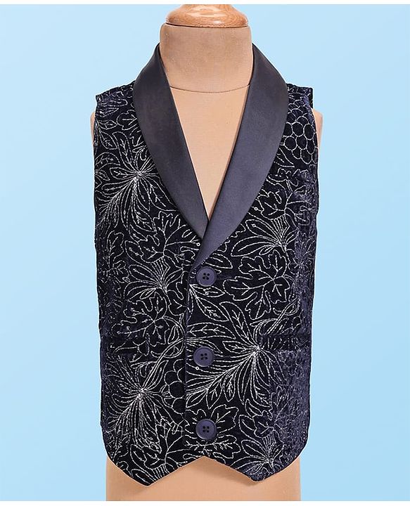 Babyhug Woven Full Sleeves Floral Embroidered Textured 3 Piece Party Suit with Bow - Navy Blue